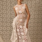 CROCHETED & EMBROIDERED COLUMN DRESS, WHITE LINEN