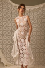 CROCHETED & EMBROIDERED COLUMN DRESS, WHITE LINEN