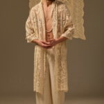 FILET LACE KIMONO ROBE, BEIGE COTTON