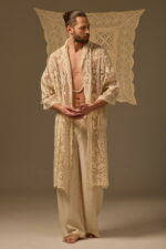 FILET LACE KIMONO ROBE, BEIGE COTTON