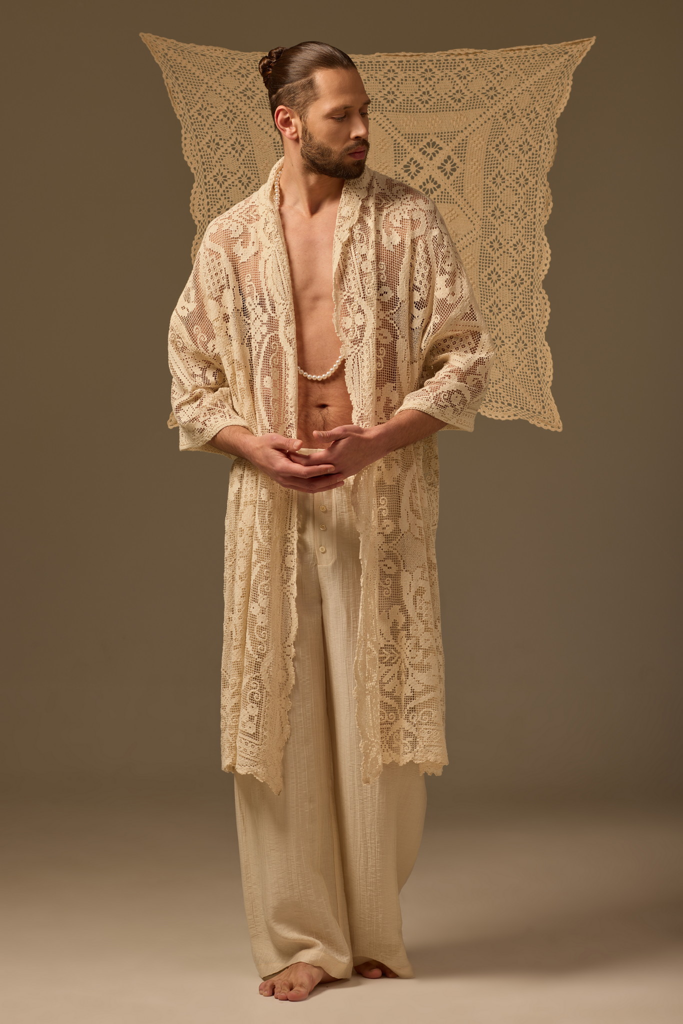 RBL_3659.jpg FILET LACE KIMONO ROBE, BEIGE COTTON - Image 1