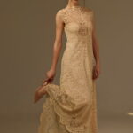 FILET LACE COLUMN DRESS, BEIGE COTTON