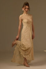 FILET LACE COLUMN DRESS, BEIGE COTTON