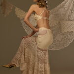 MERMAID SILHOUETTE SKIRT, CROCHETED & EMBROIDERED BEIGE COTTON